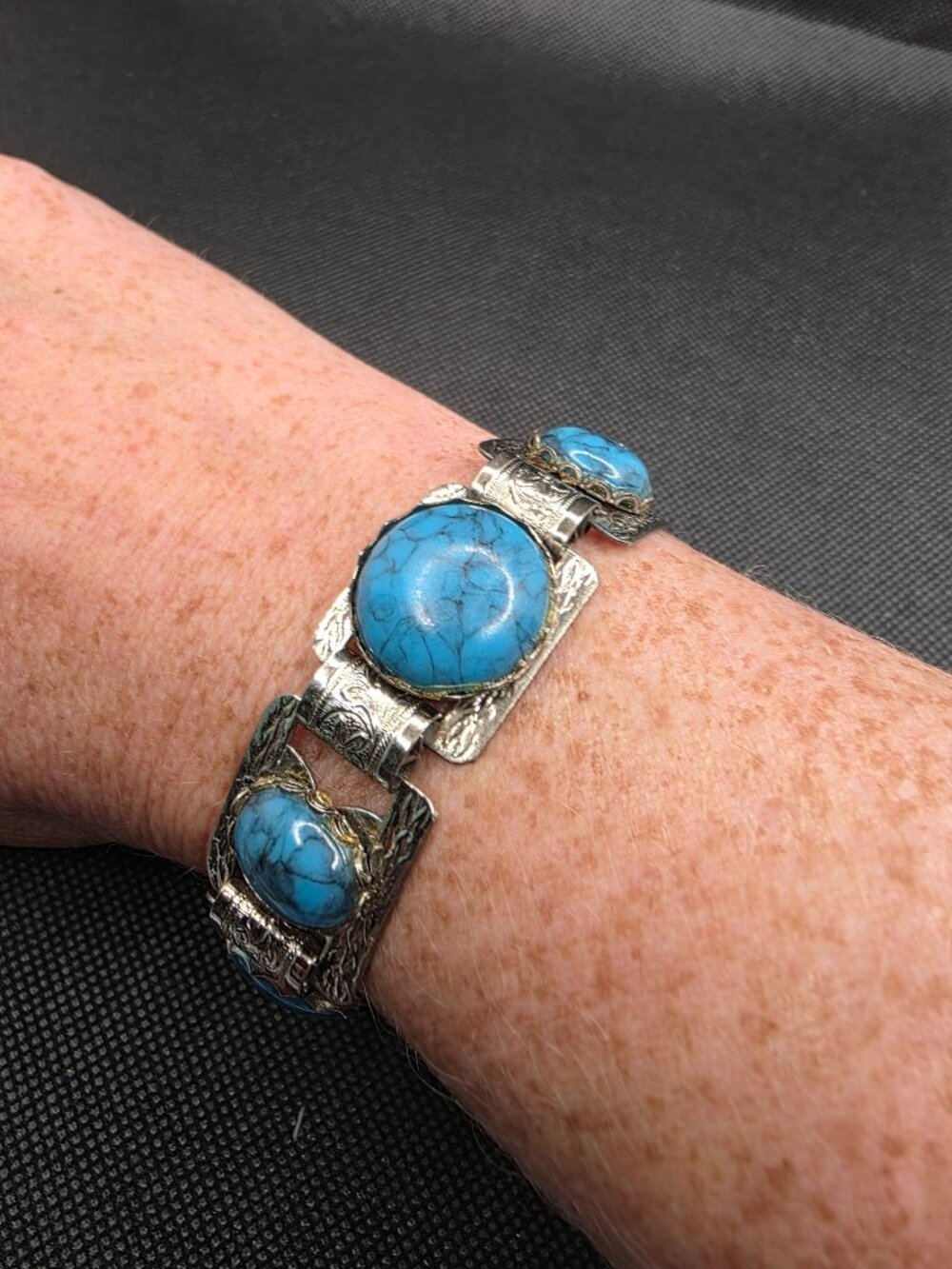 Vintage Silver Tone Faux Turquoise Panel Link Bracelet 7" Boho Southwestern